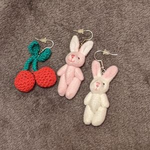 Japanese mismatch fabric earrings bunny cherry
